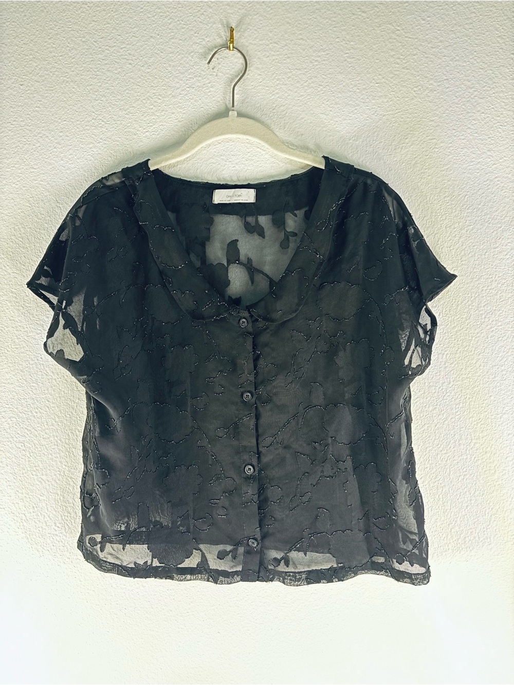 OAK + FORT Black Sheer Embroidered Button-Up Cropped Blouse Size L
